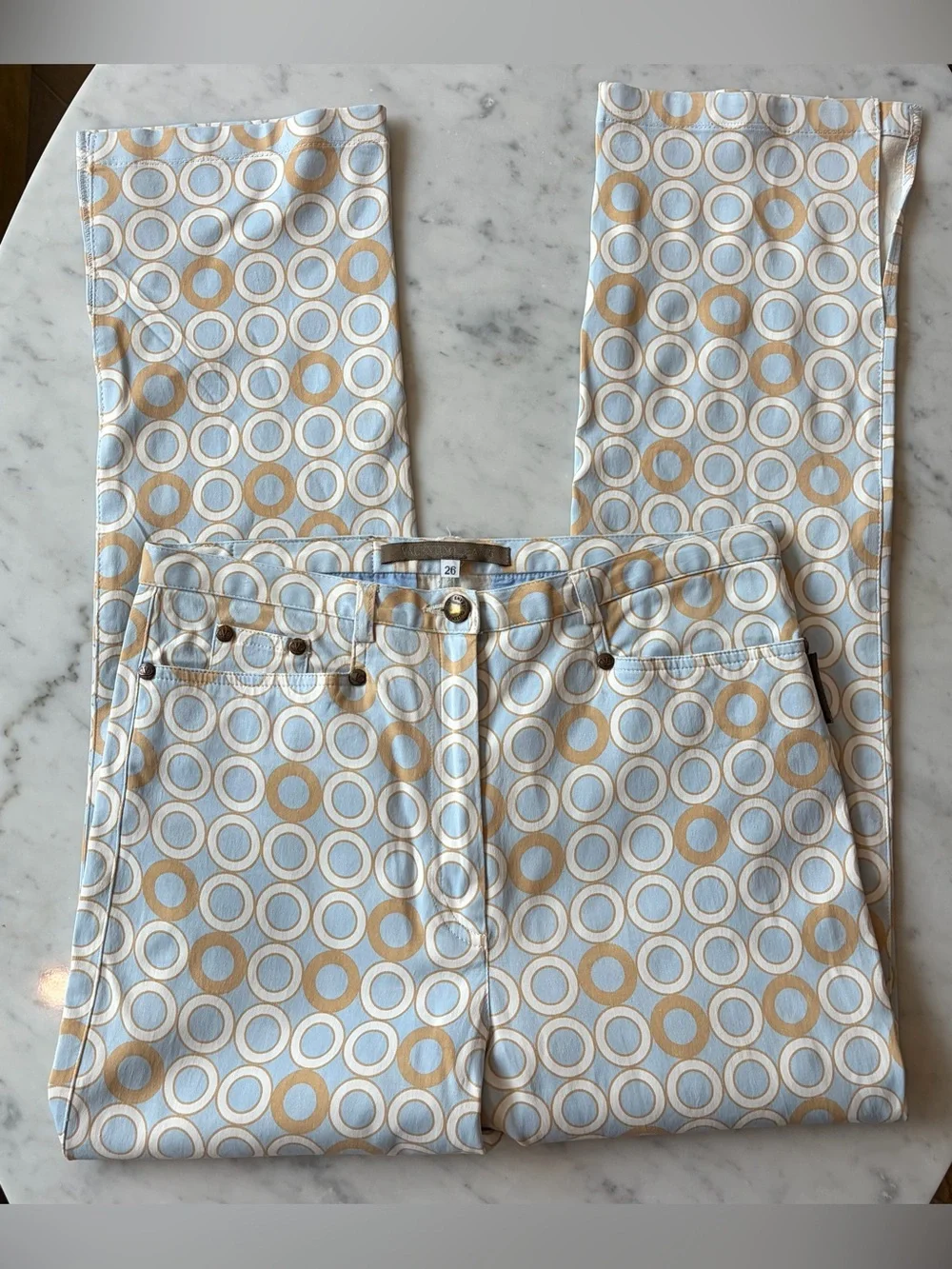Valentino Jeans 5 pocket pants, lt blue, tan circles, cropped, hem slits, 26,GUC - Picture 9 of 13